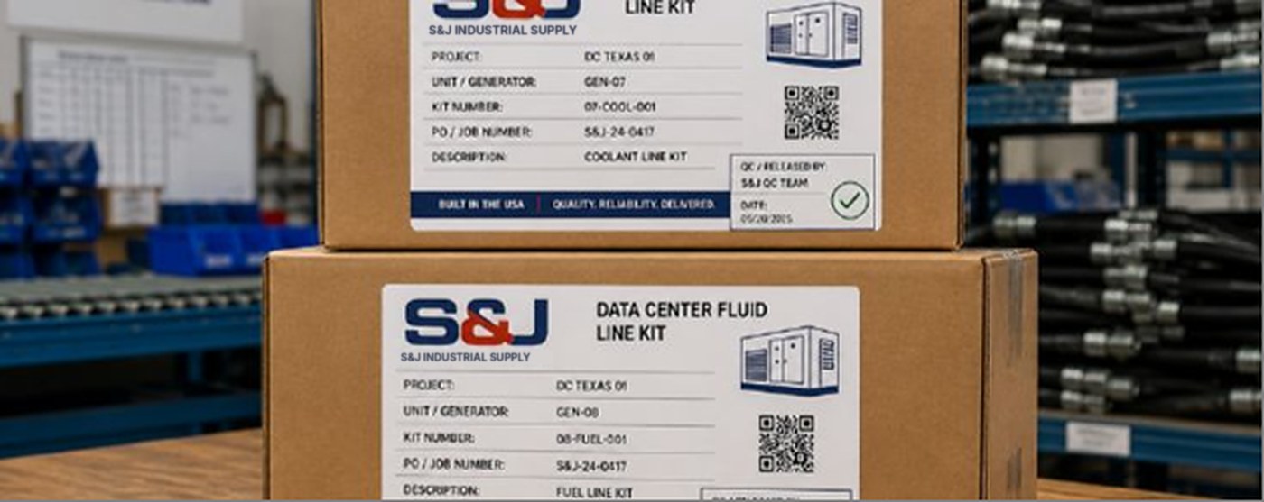 Labeled S&J data center fluid line kit boxes